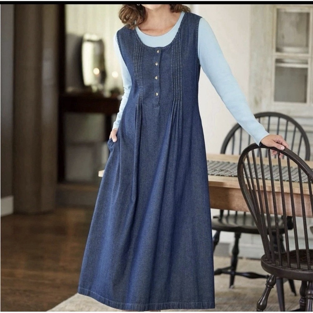 Vermont Country Store Womens L Blue Denim Pintuck Jumper Maxi Dress Petite